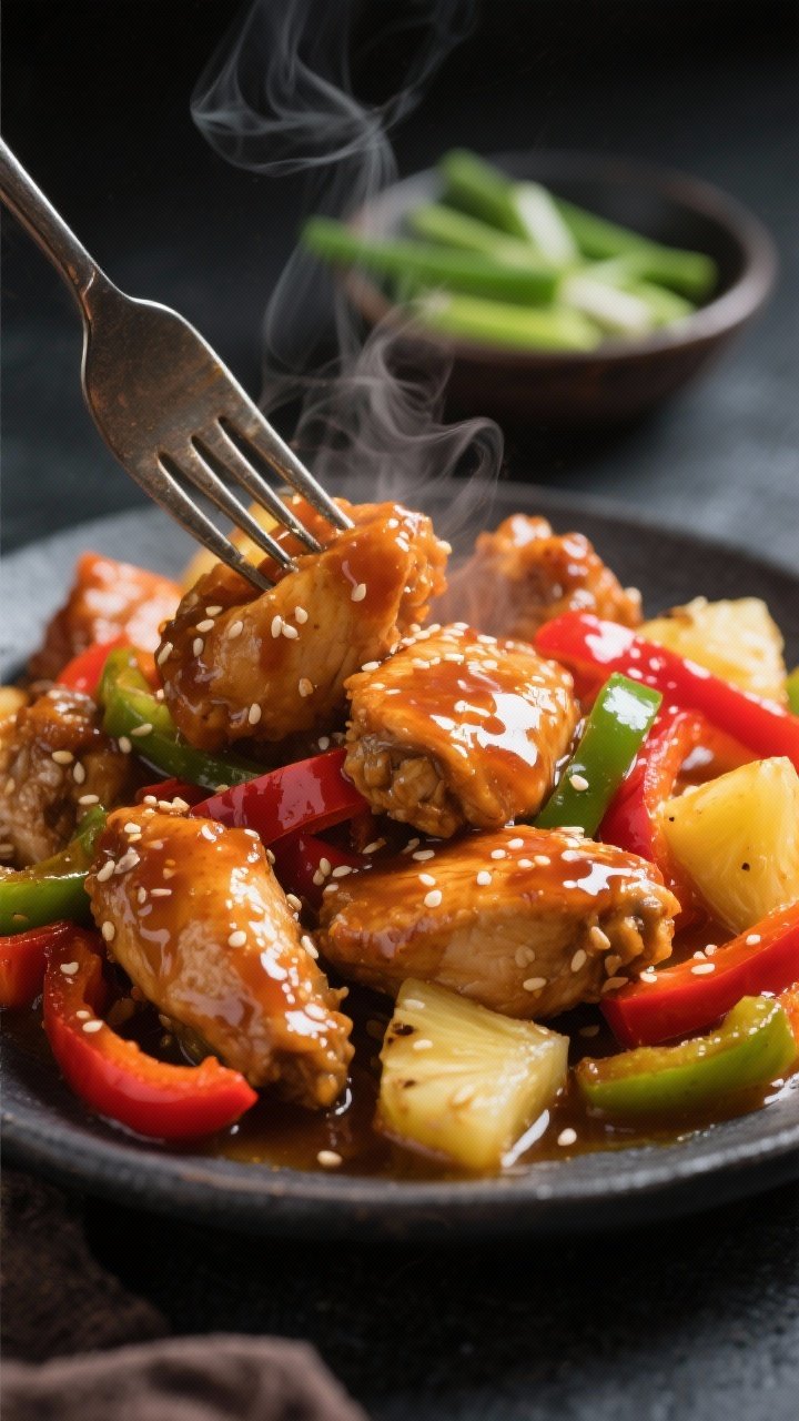 Close-up detail shot: Fork-tender crockpot sweet and sour chicken pieces glistening in a glossy, thi