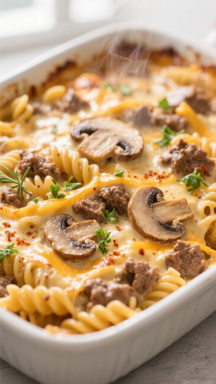 Close-up detail shot: Golden, bubbly creamy mushroom ground beef casserole just out of the oven, sho