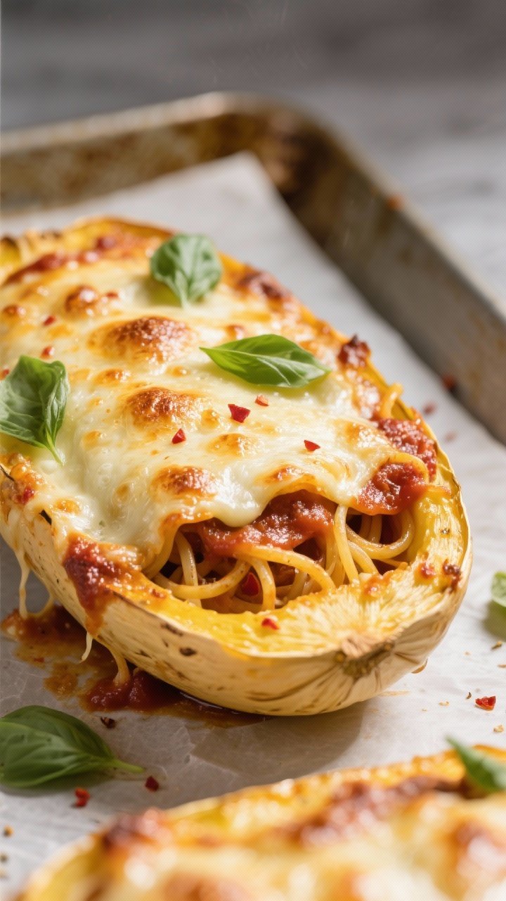 Close-up detail shot: golden, bubbly mozzarella cap on spaghetti squash lasagna boats just out of th