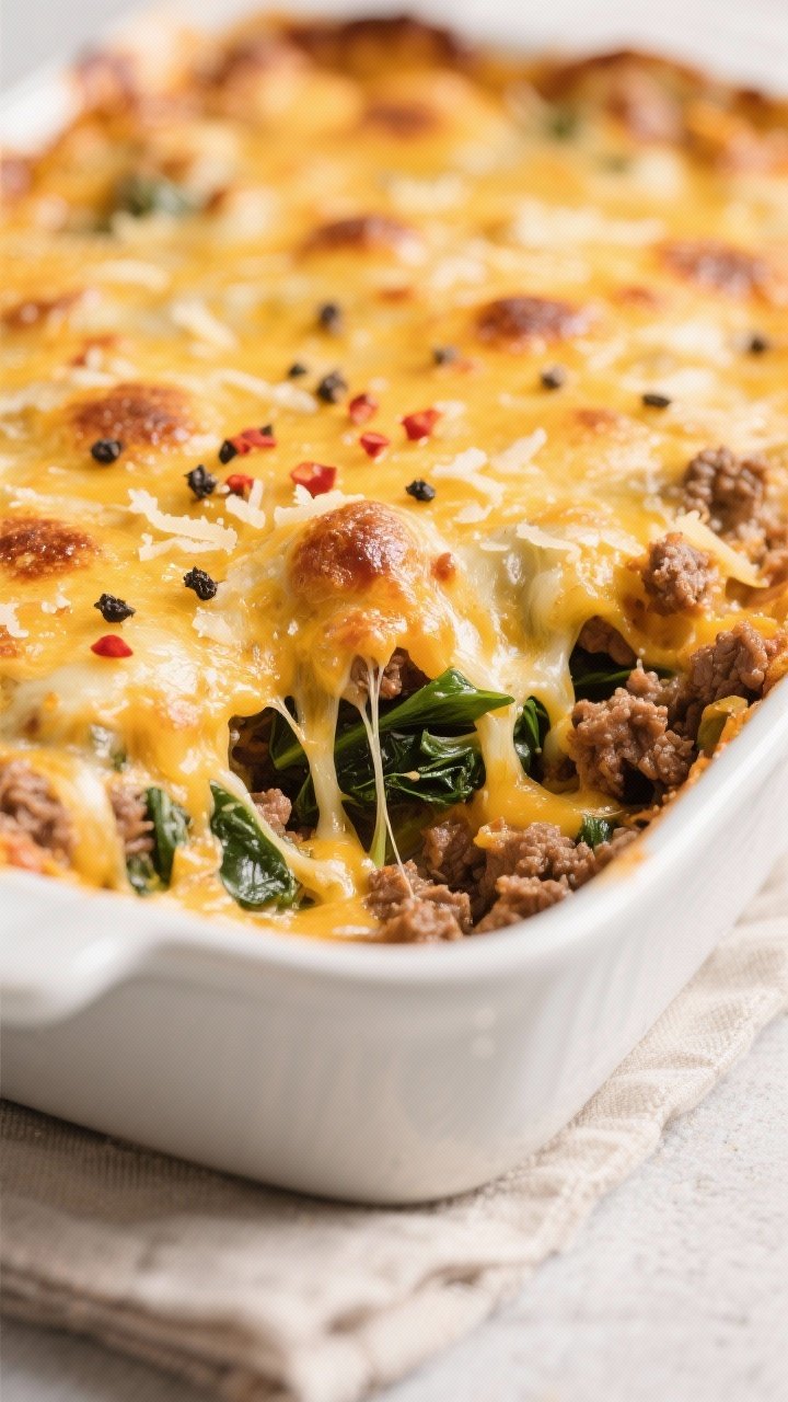 Close-up detail shot: Gooey, just-broiled Cheesy Ground Beef and Spinach Casserole with a golden, bu
