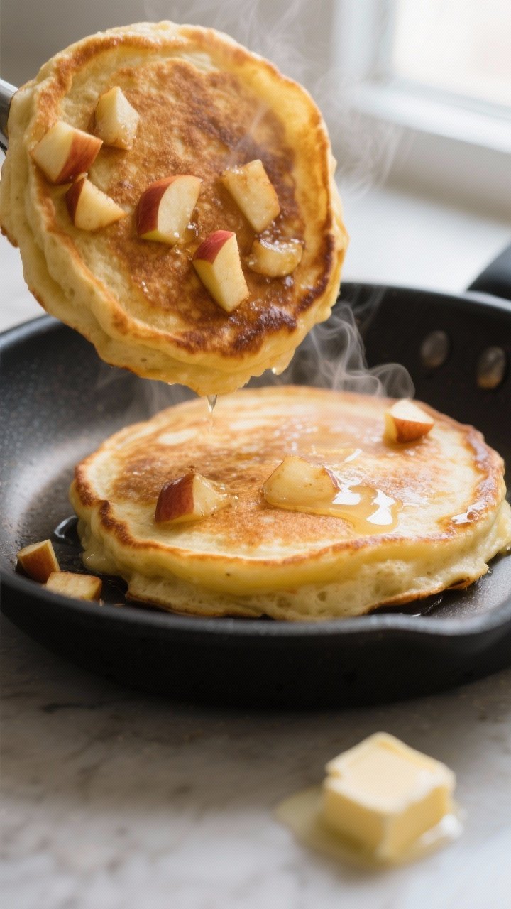 Close-up detail shot of a fluffy apple pancake mid-flip on a nonstick skillet: golden-brown surface