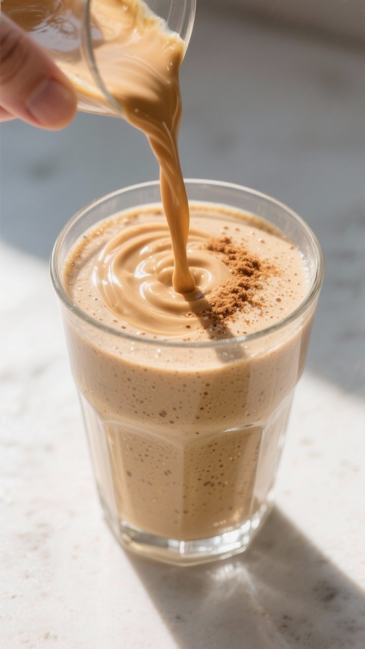 Close-up detail shot of a freshly blended Peanut Butter Banana Protein Smoothie being poured in a si