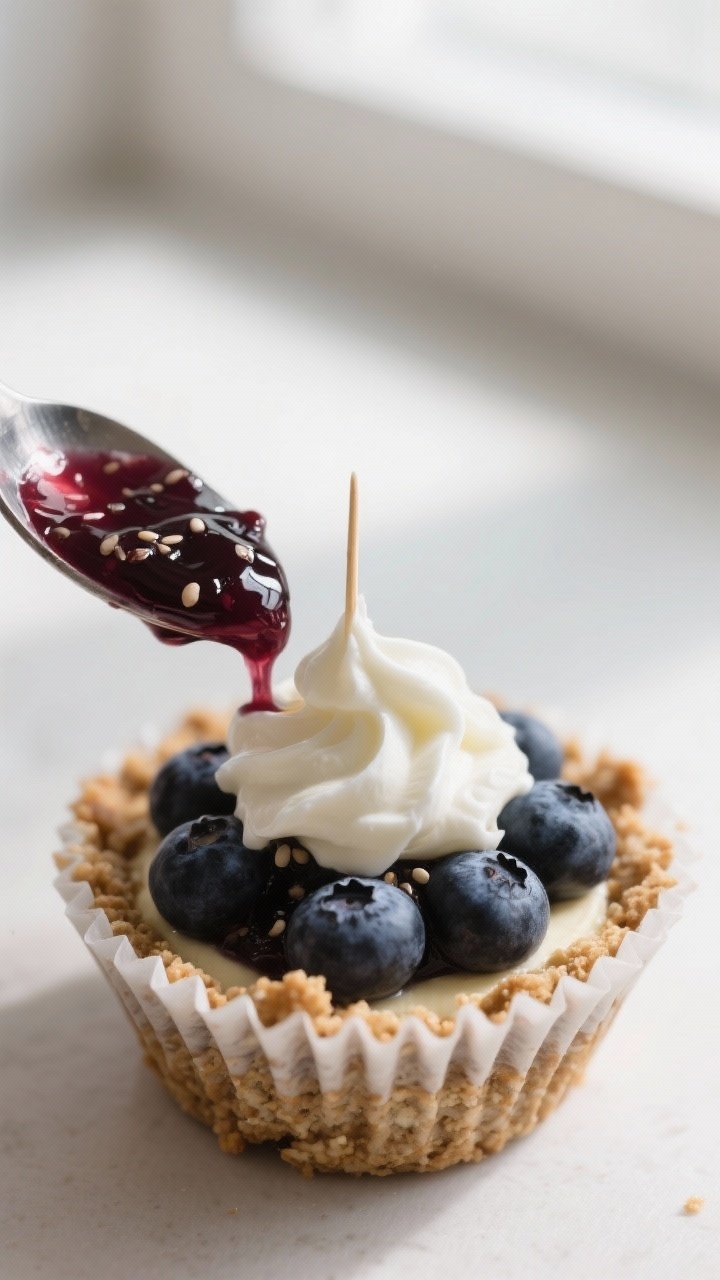 Close-up detail shot of a no-bake blueberry cheesecake cup mid-assembly: compacted almond–oat–da