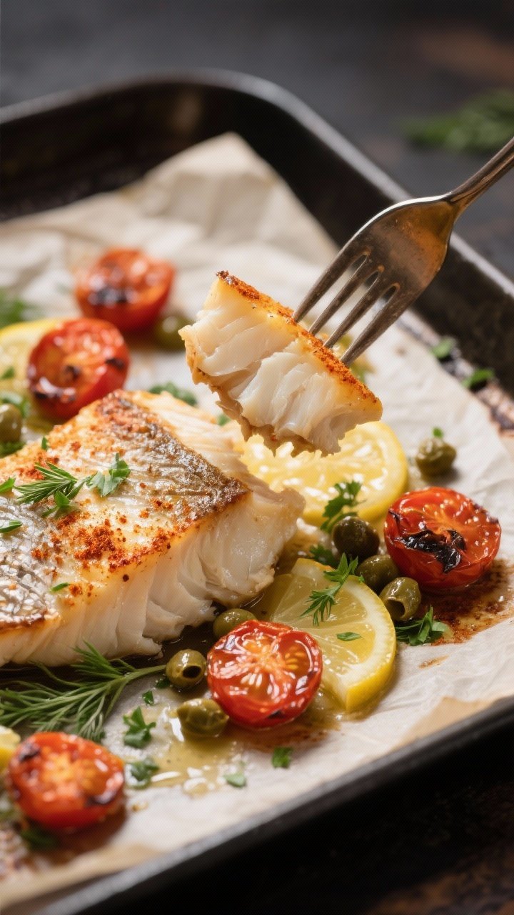 Close-up detail shot of baked cod just out of the oven, fillet flaking gently with a fork to reveal 