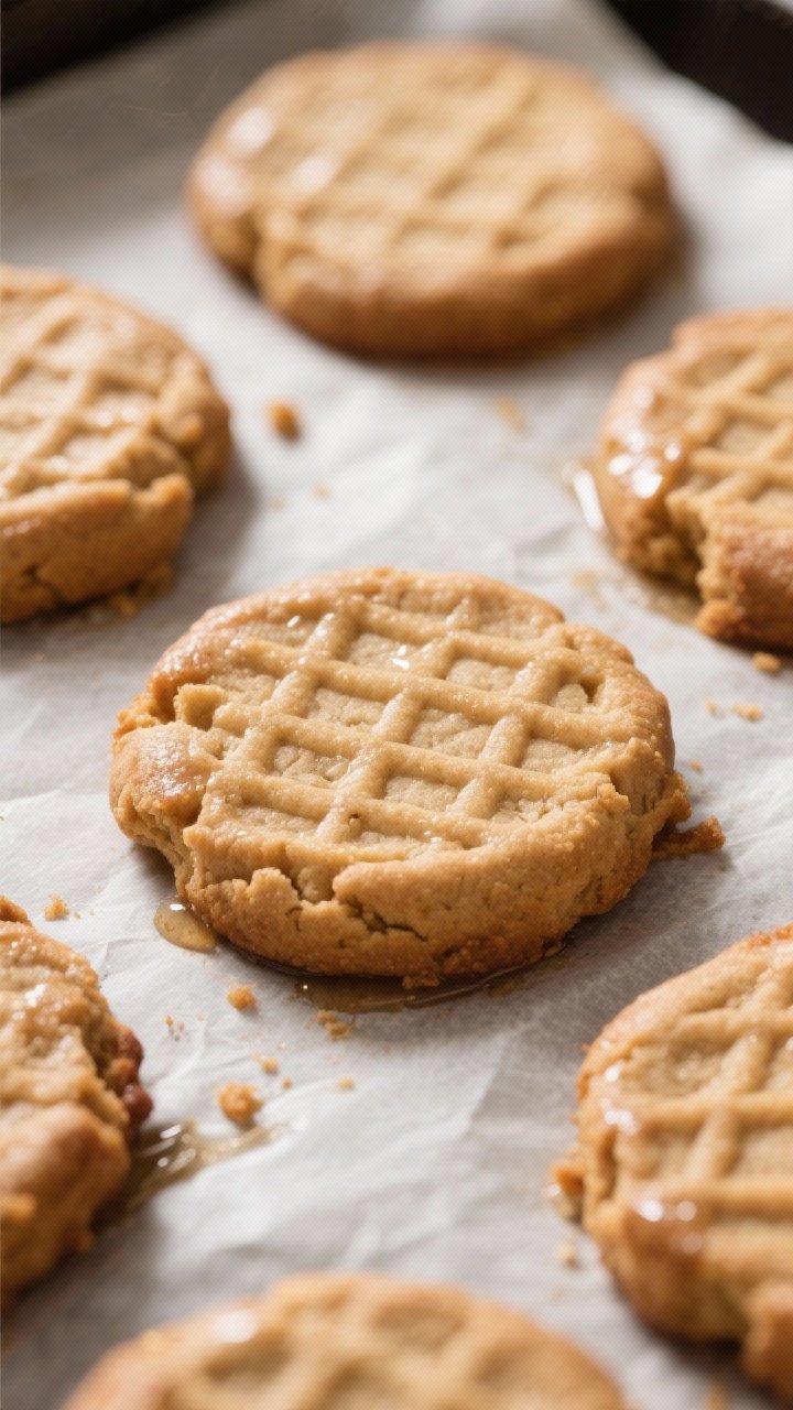 Close-up detail shot of freshly baked 3-ingredient peanut butter cookies just out of the oven on a p