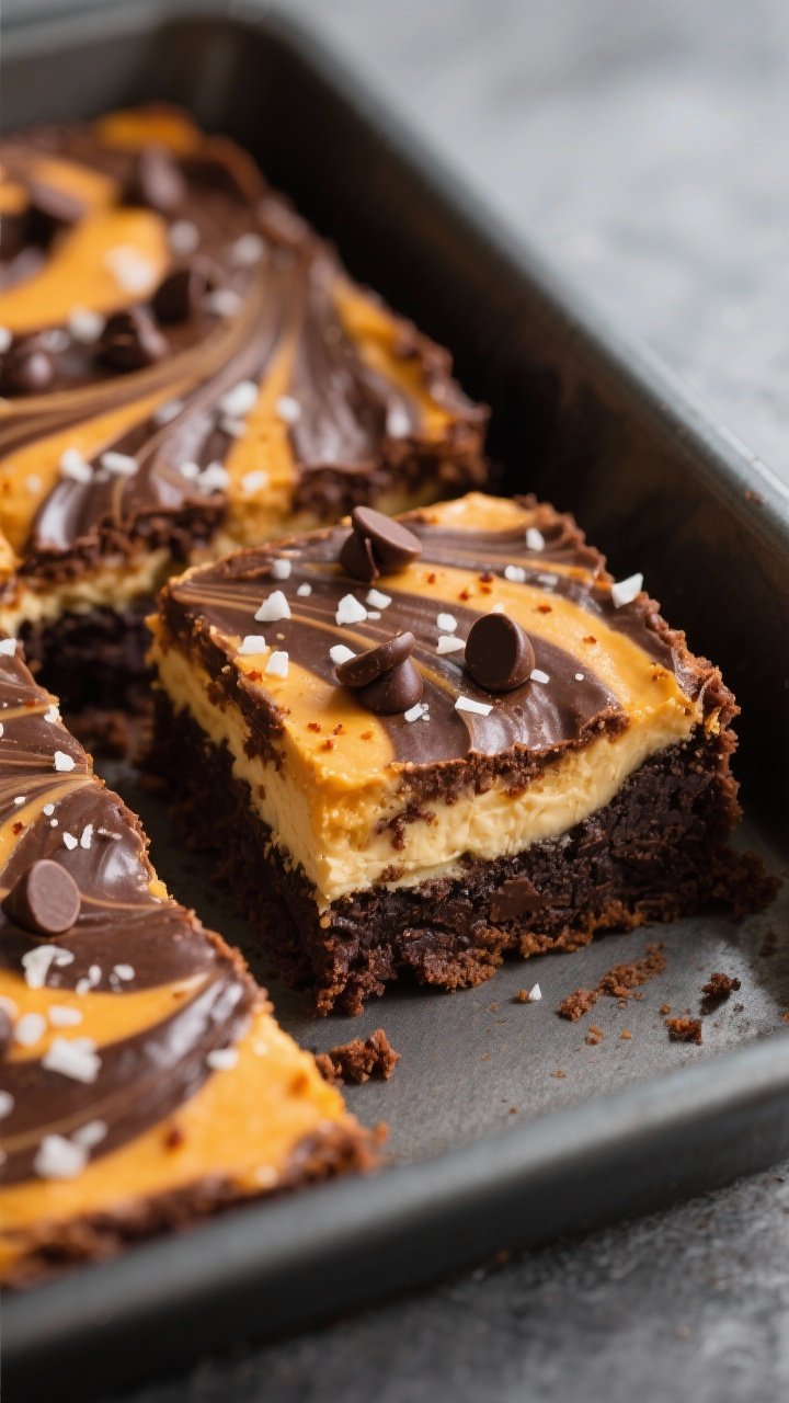 Close-up detail shot of freshly baked pumpkin cheesecake brownies just out of the pan, showcasing gl
