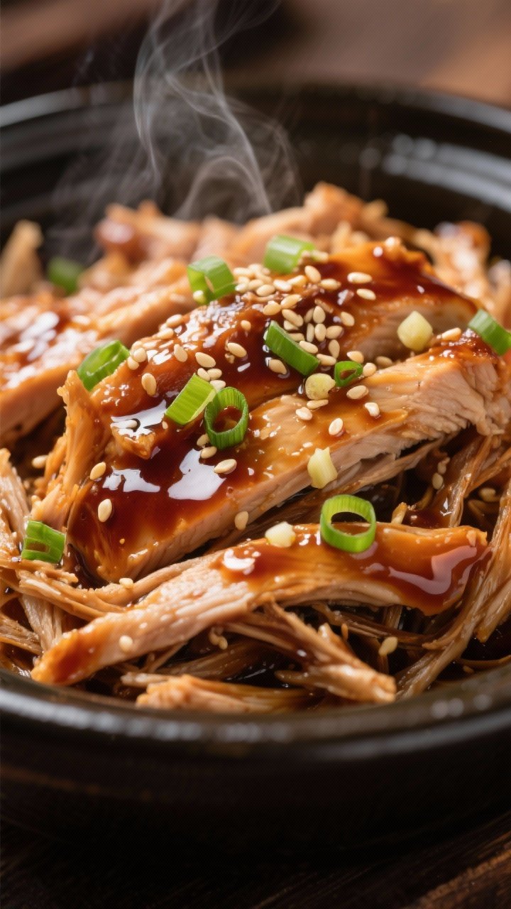 Close-up detail shot: Shredded crockpot teriyaki chicken glistening in a thick, glossy sauce, strand