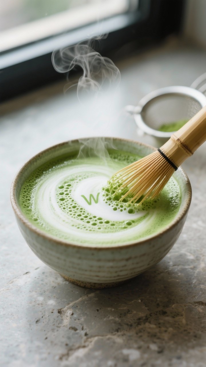 Close-up detail shot: Silky hot matcha latte being whisked to a fine micro-foam in a ceramic bowl, t