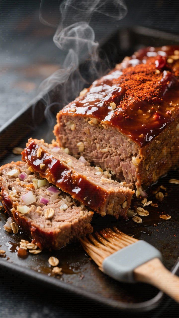 Close-up detail shot: Sliced BBQ turkey meatloaf just after resting, showing juicy interior with vis
