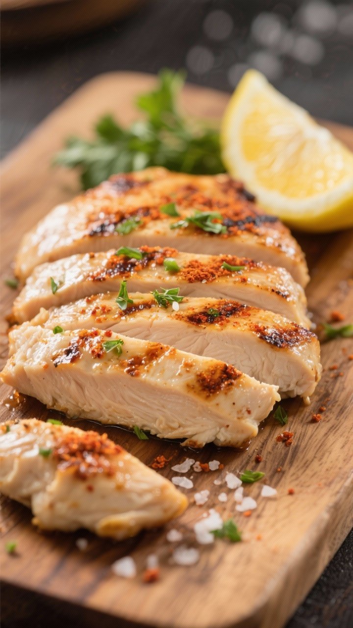Close-up detail shot: Sliced grilled chicken breast just off the grill, juicy with visible lemon-gar