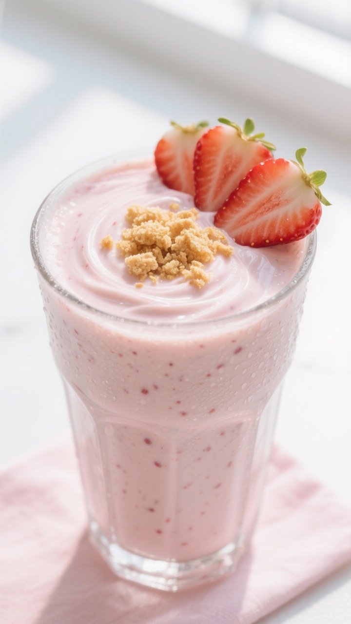 Close-up detail shot: Thick, creamy strawberry cheesecake protein shake just poured into a chilled c