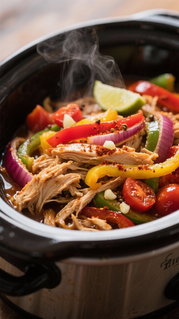 Close-up detail: Shredded slow-cooker chicken fajitas just returned to the crock, glistening with sm