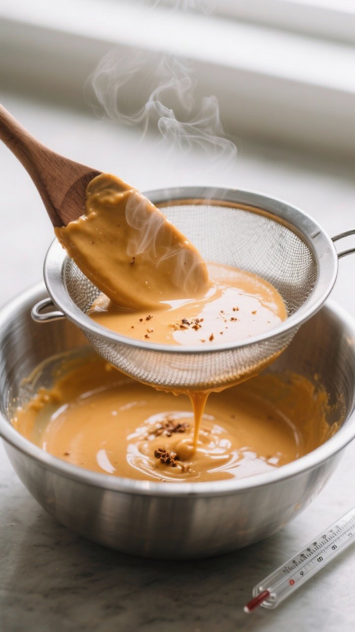 Close-up detail: Silky pumpkin custard base being strained through a fine-mesh sieve into a chilled 