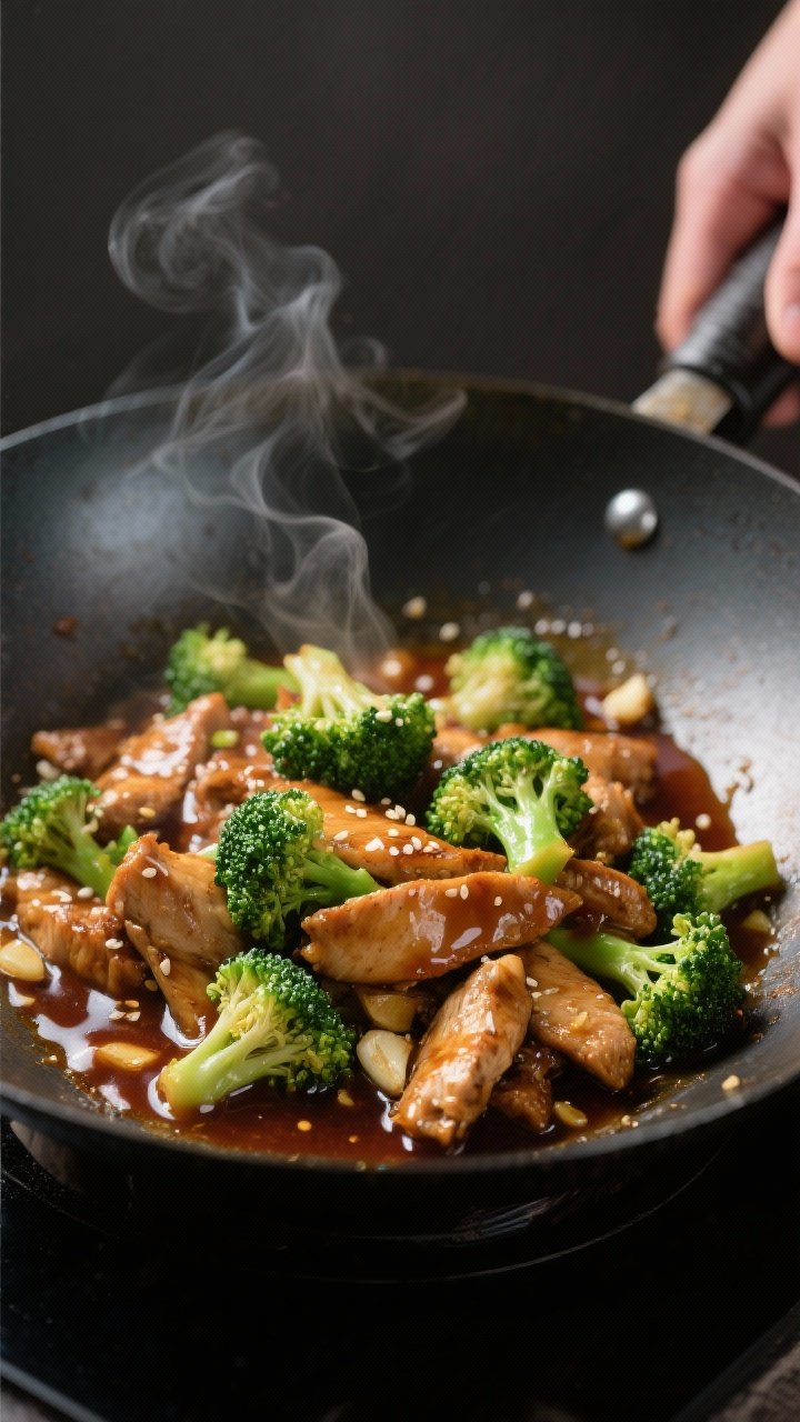 Close-up detail: Sizzling chicken and broccoli stir fry mid-cook in a carbon-steel wok, glossy soy-h