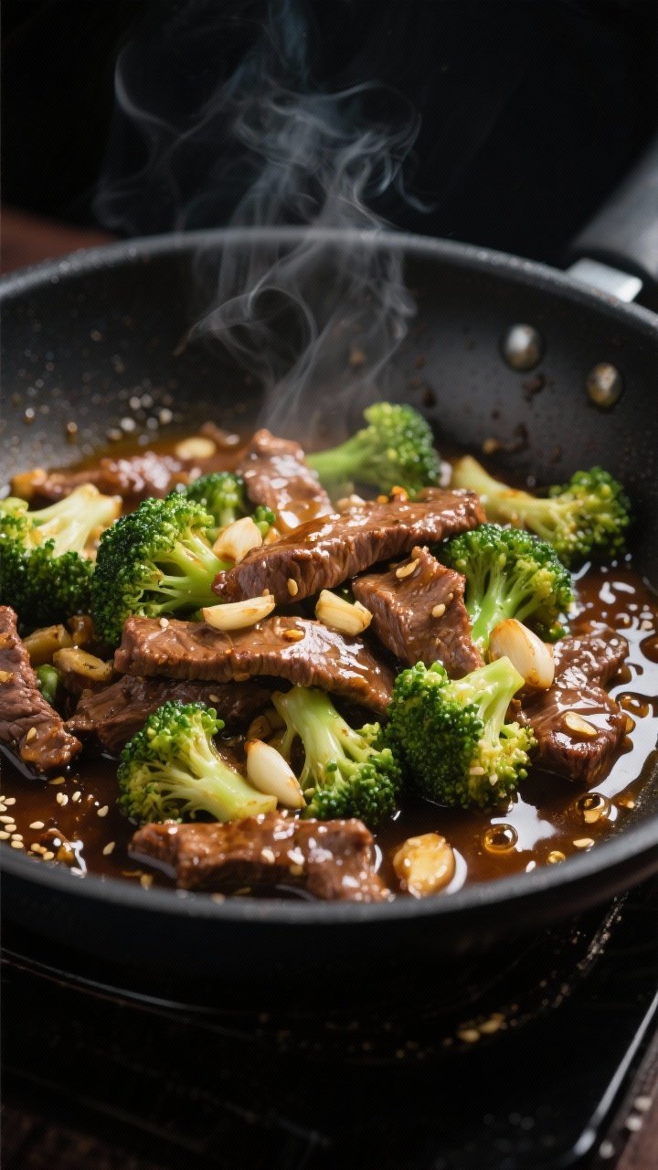 Close-up detail: Sizzling Chinese beef and broccoli mid-cook in a large dark skillet, glossy sauce t