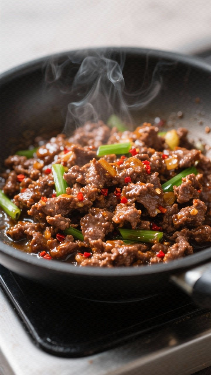Close-up detail: Sizzling Korean ground beef in a skillet right after saucing, glossy and caramelize