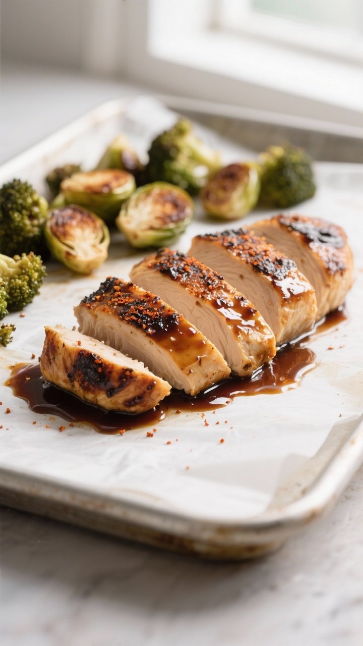 Close-up detail: Sliced balsamic-glazed chicken breast resting on the sheet pan, glistening with a s