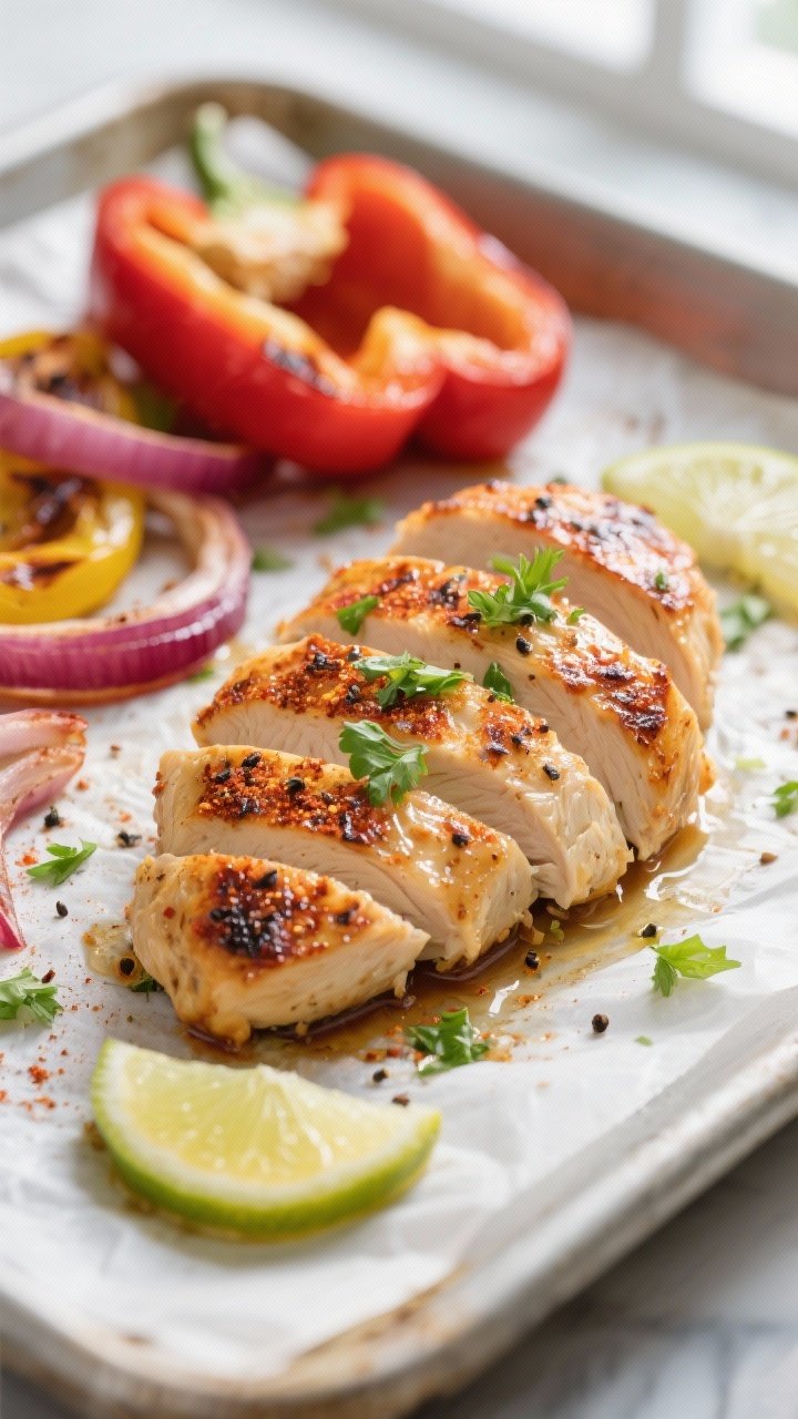 Close-up detail: Sliced chili-lime roasted chicken breast just off the sheet pan, edges slightly cha