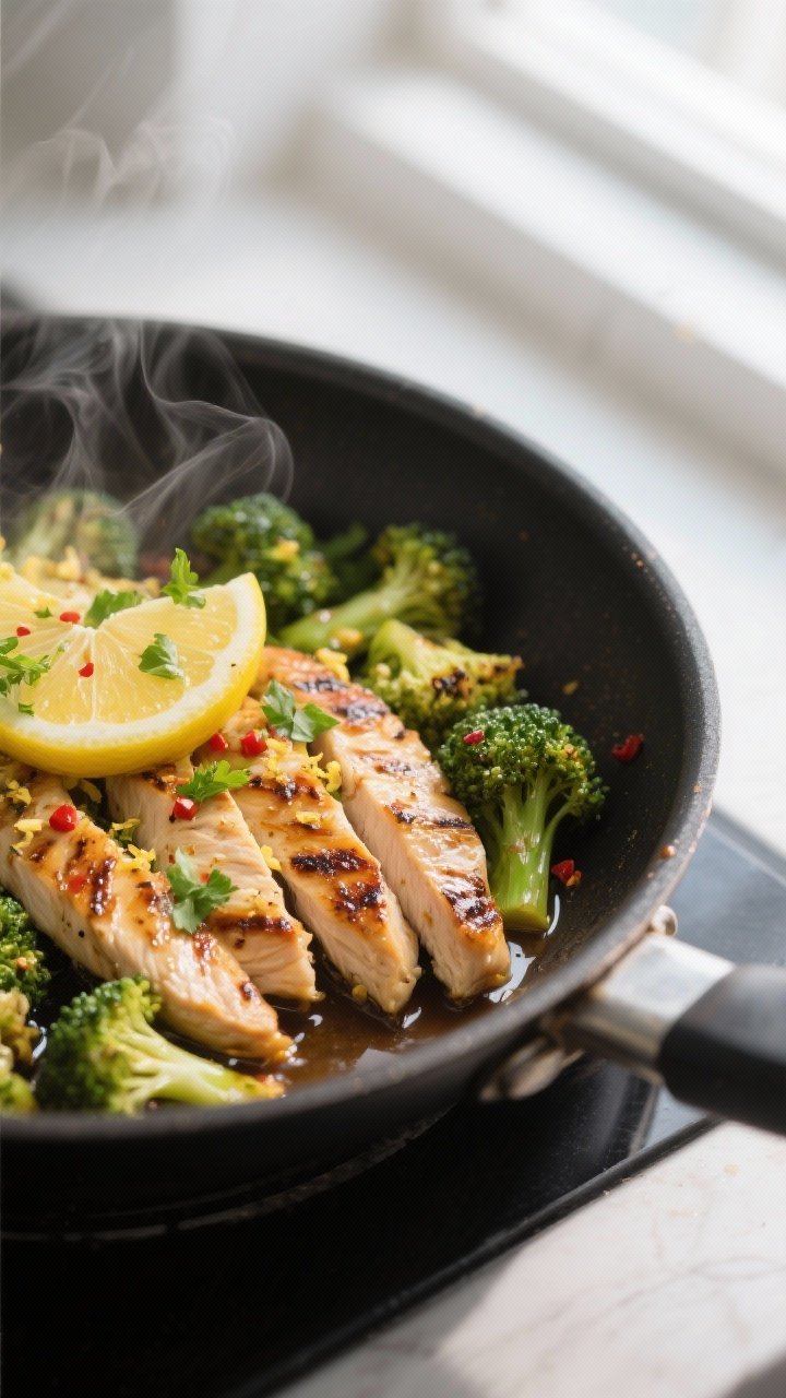 Close-up detail: Sliced lemon-garlic chicken strips tossed with glossy pan sauce and crisp-tender ch