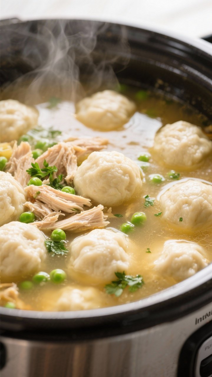 Close-up detail: Steam-lifted shot of fluffy drop dumplings just cooked on the surface of a rich chi