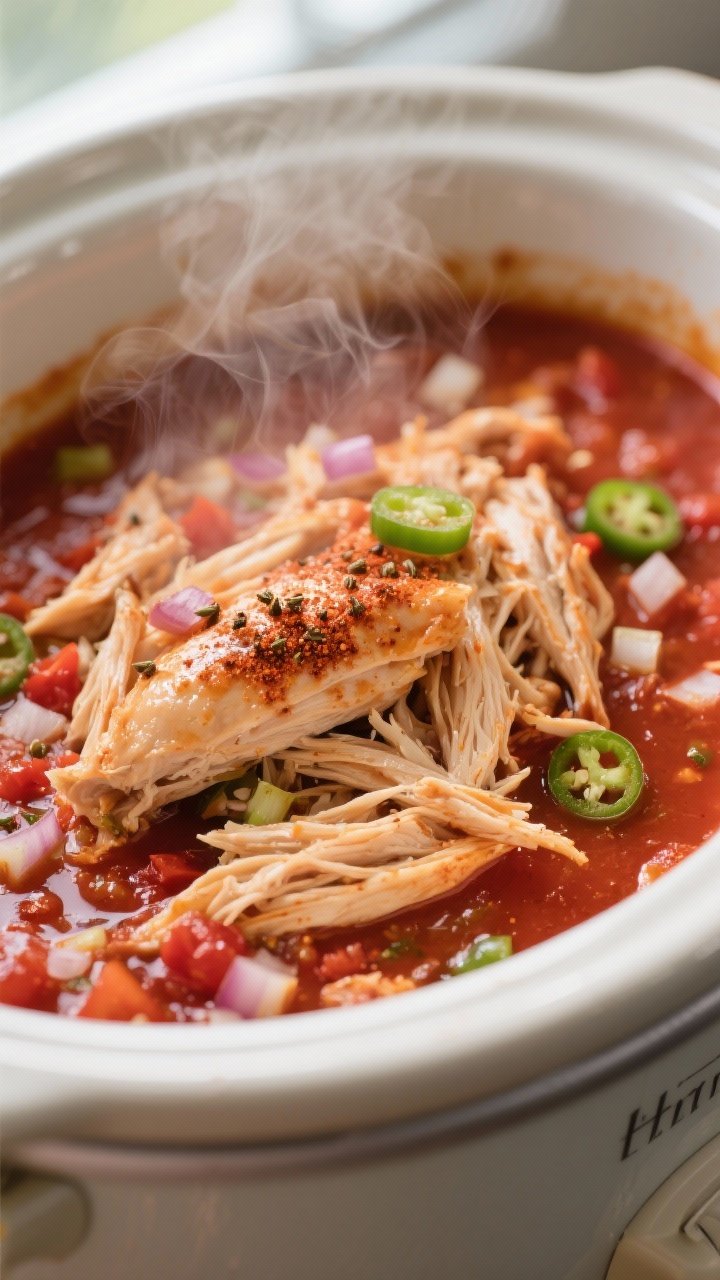 Close-up detail: Succulent shredded crockpot chicken just returned to the slow cooker, glistening in