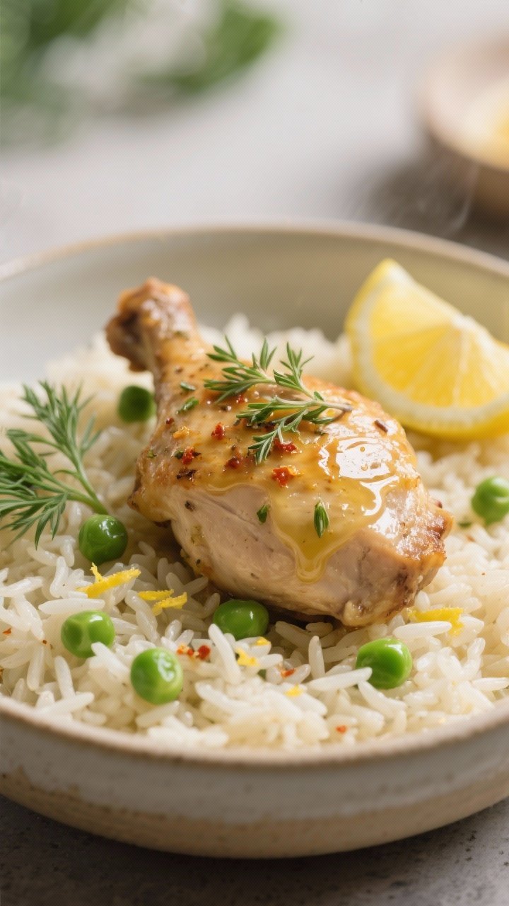 Close-up detail: Tender slow-cooked lemon herb chicken thigh resting over fluffy long-grain rice, gr