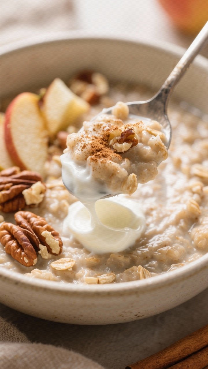 Close-up detail, texture focus: Ultra-close shot of the finished apple cinnamon protein oatmeal righ