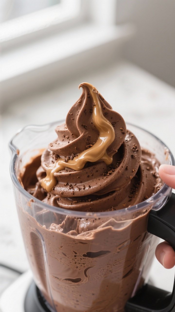 Close-up detail: Thick, chocolate almond protein ice cream being blended to soft-serve texture in a