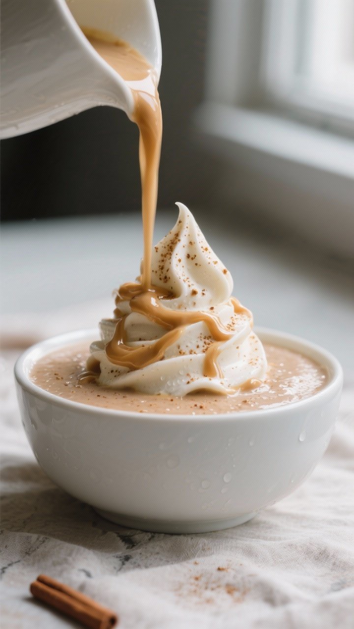 Close-up detail: Thick, creamy Apple Cinnamon Smoothie Bowl base being poured into a chilled matte-w