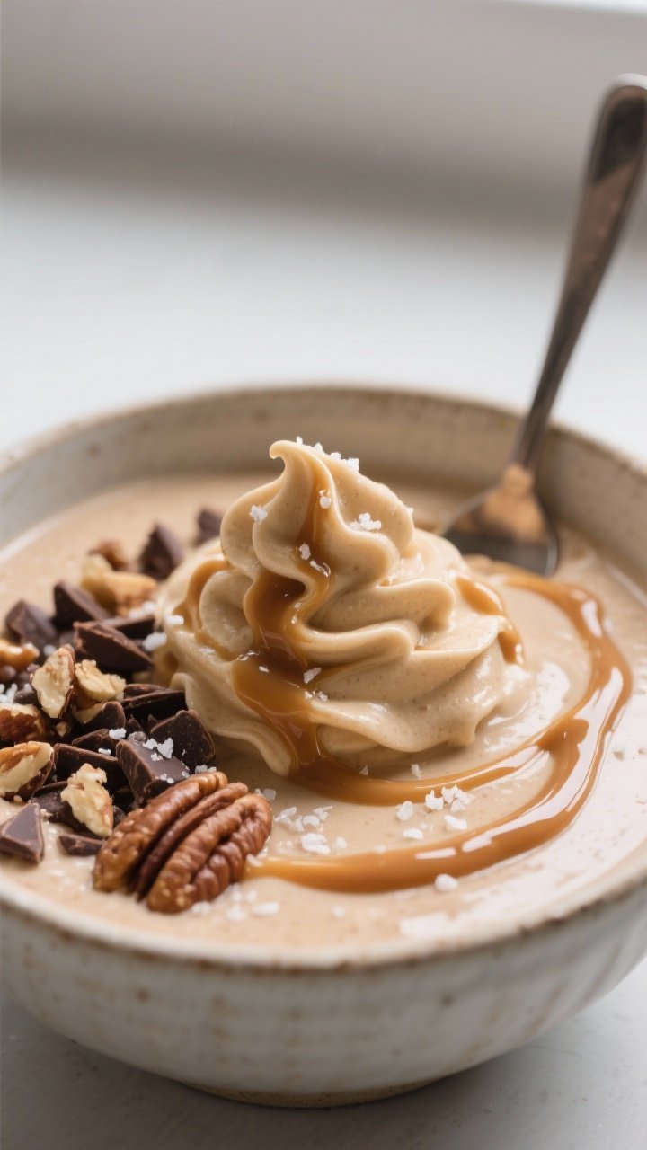 Close-up detail: Thick, velvet-smooth salted caramel protein smoothie bowl base just poured into a c