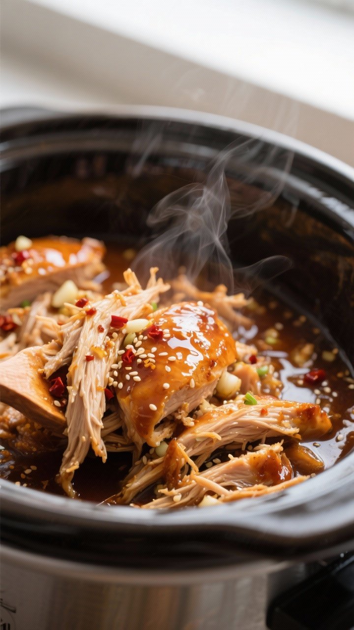 Close-up detail: Ultra-close shot of shredded crockpot honey garlic chicken being tossed back into a