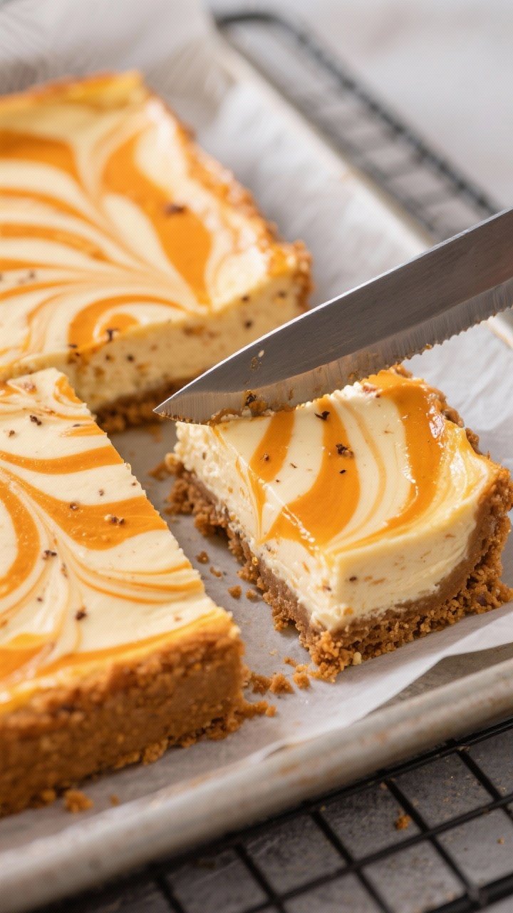 Close-up detail: Ultra-creamy marbled pumpkin cheesecake bars fresh out of chill, a knife making a c