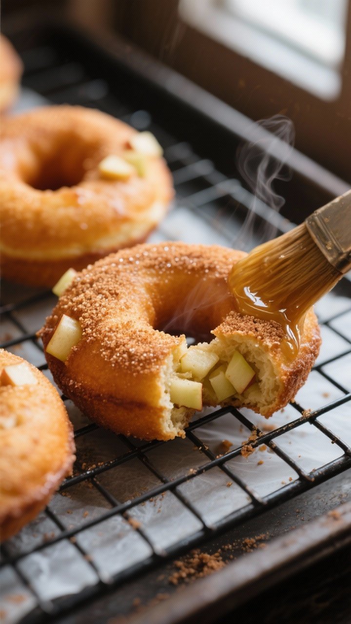 Close-up detail: Warm baked apple donuts just out of the oven on a wire rack, golden-brown with a li