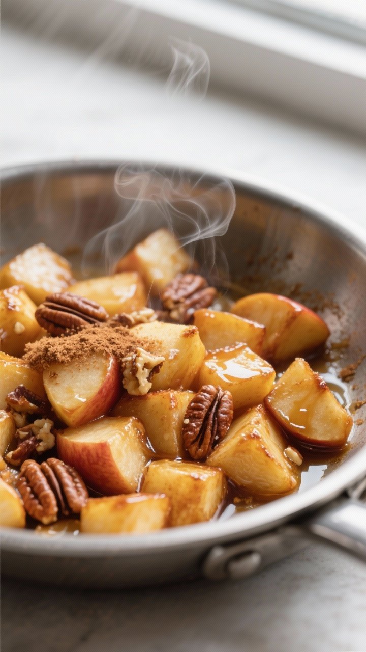 Close-up detail: Warm caramelized apple cubes in a stainless-steel skillet, edges golden and glossy