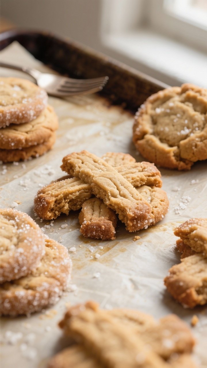 Close-up detail: Warm peanut butter cookies just out of the oven on a parchment-lined sheet, fork cr