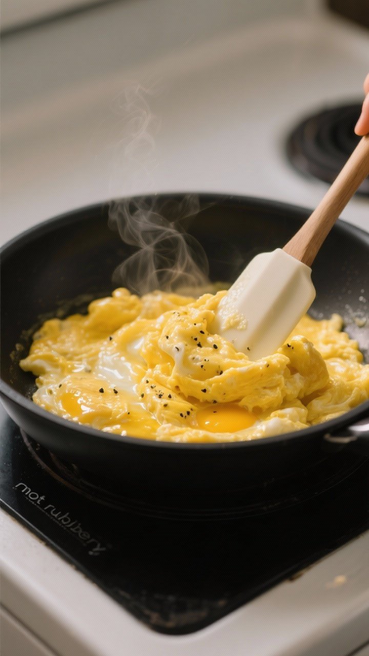 Close-up process shot: Soft-scrambled eggs just set in a nonstick skillet, glossy curds folding gent