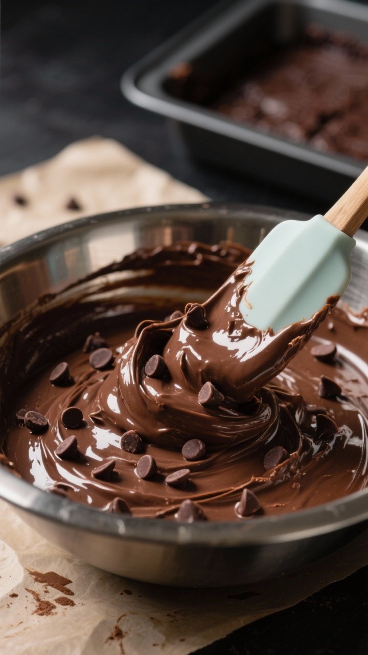 Close-up process shot: Thick, glossy brownie batter being folded in a metal bowl with a silicone spa