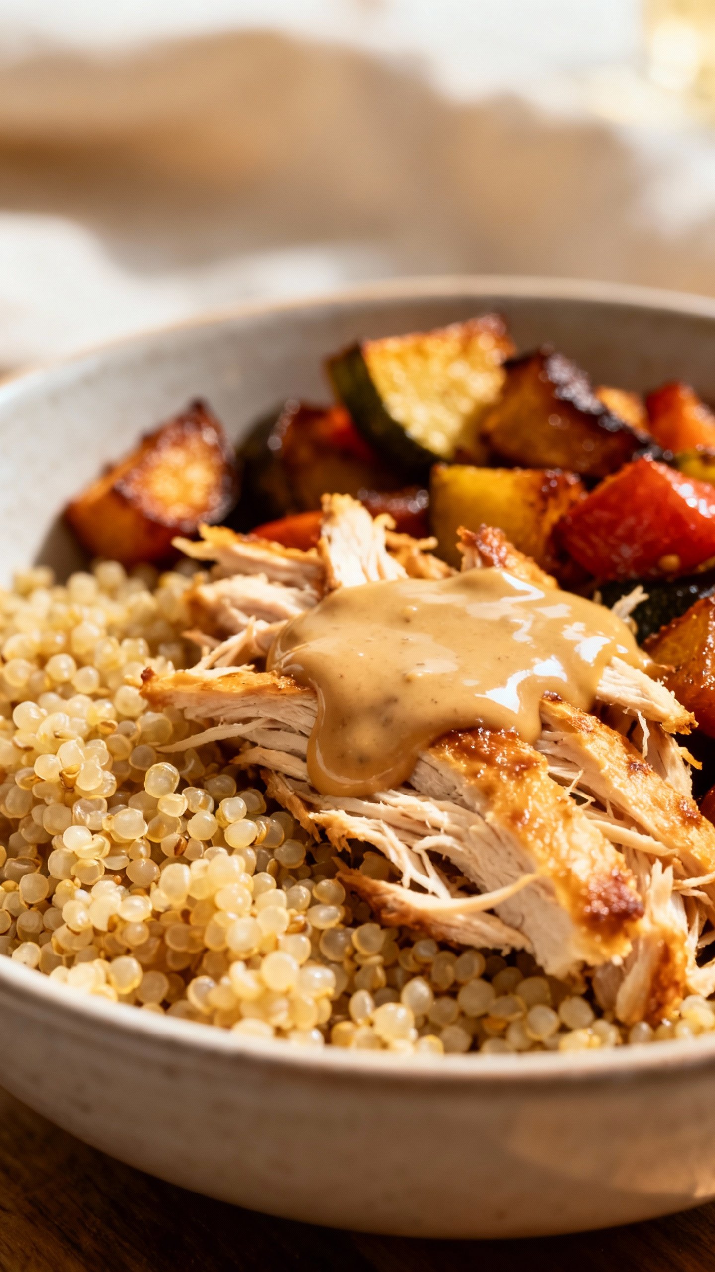 Closeup grain bowl: quinoa, rotisserie chicken, roasted veggies, tahini drizzle