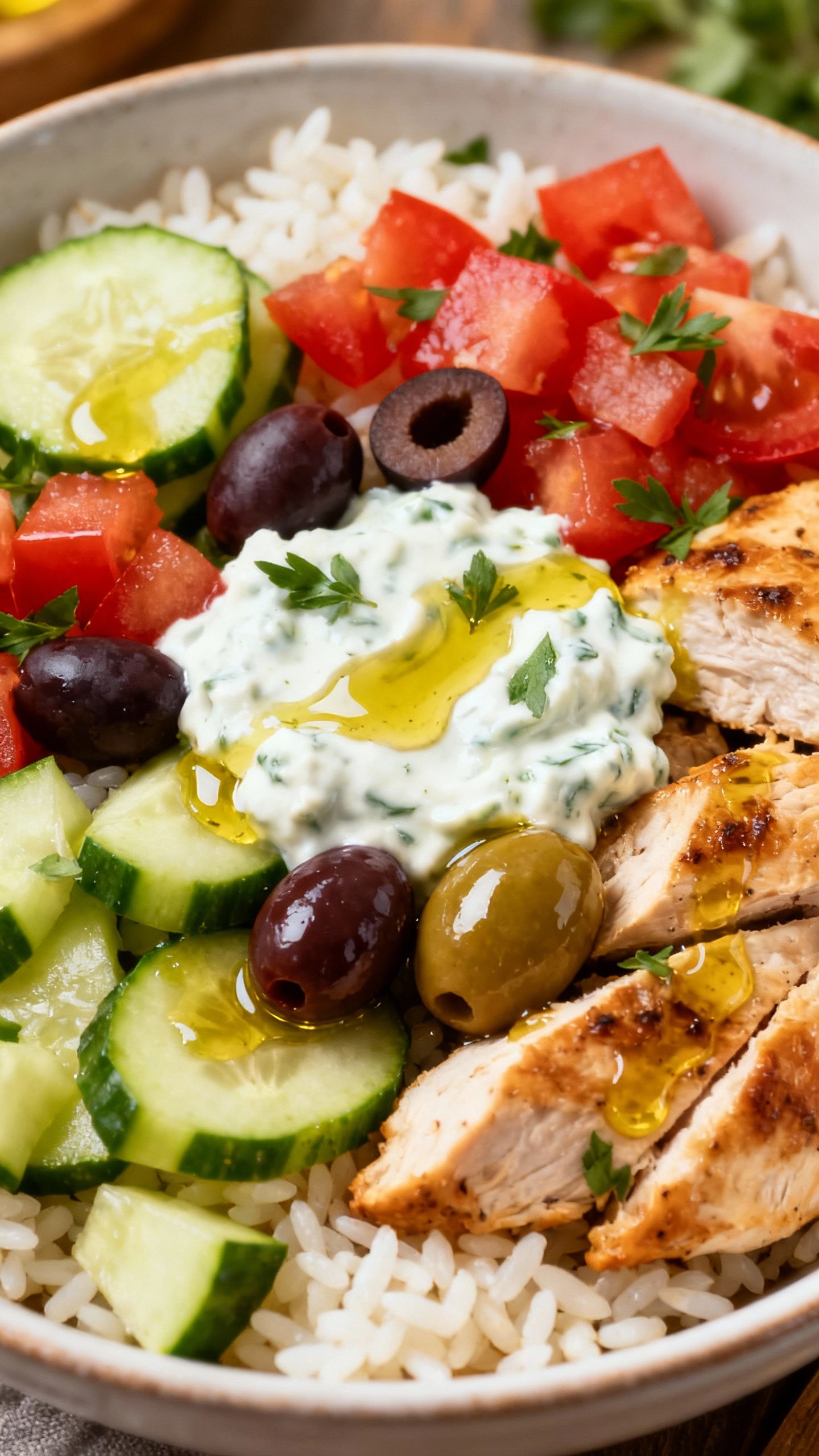 Closeup Greek chicken bowl: rice, cucumber, tomatoes, olives, tzatziki, vibrant colors