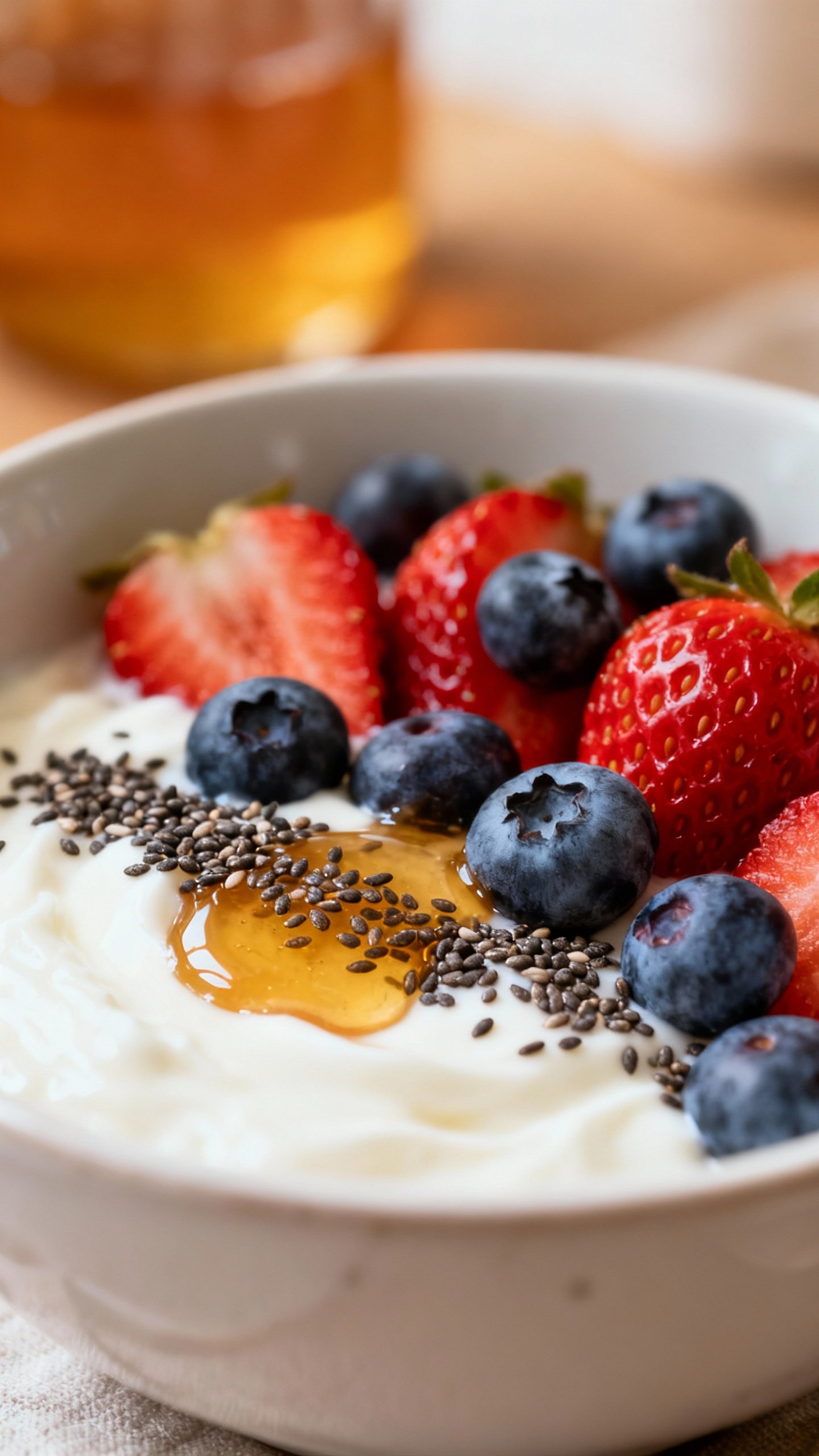 Closeup Greek yogurt bowl with berries, chia, honey drizzle