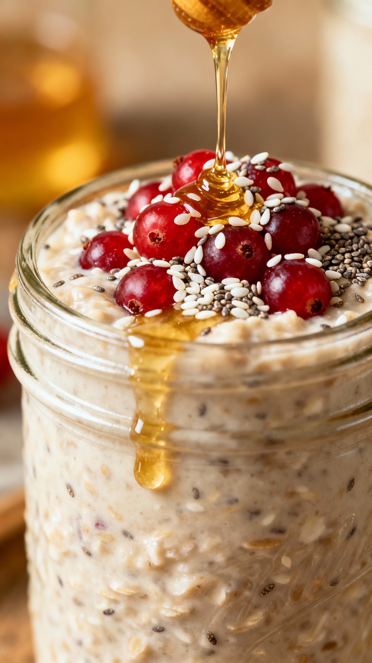 Closeup mason jar overnight oats, berries, chia, honey drizzle