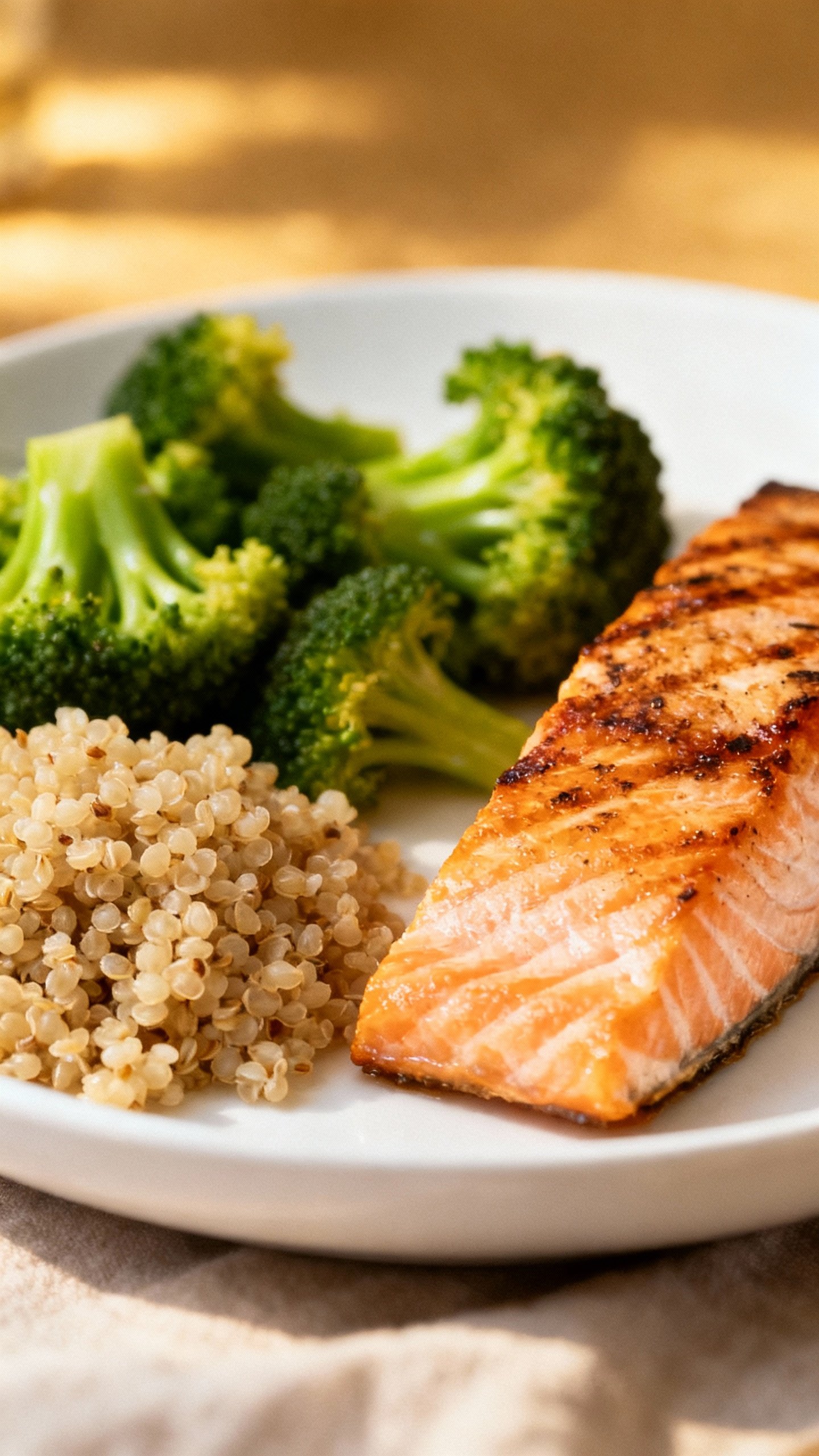 Closeup of plate template: half broccoli, quarter salmon, quarter quinoa