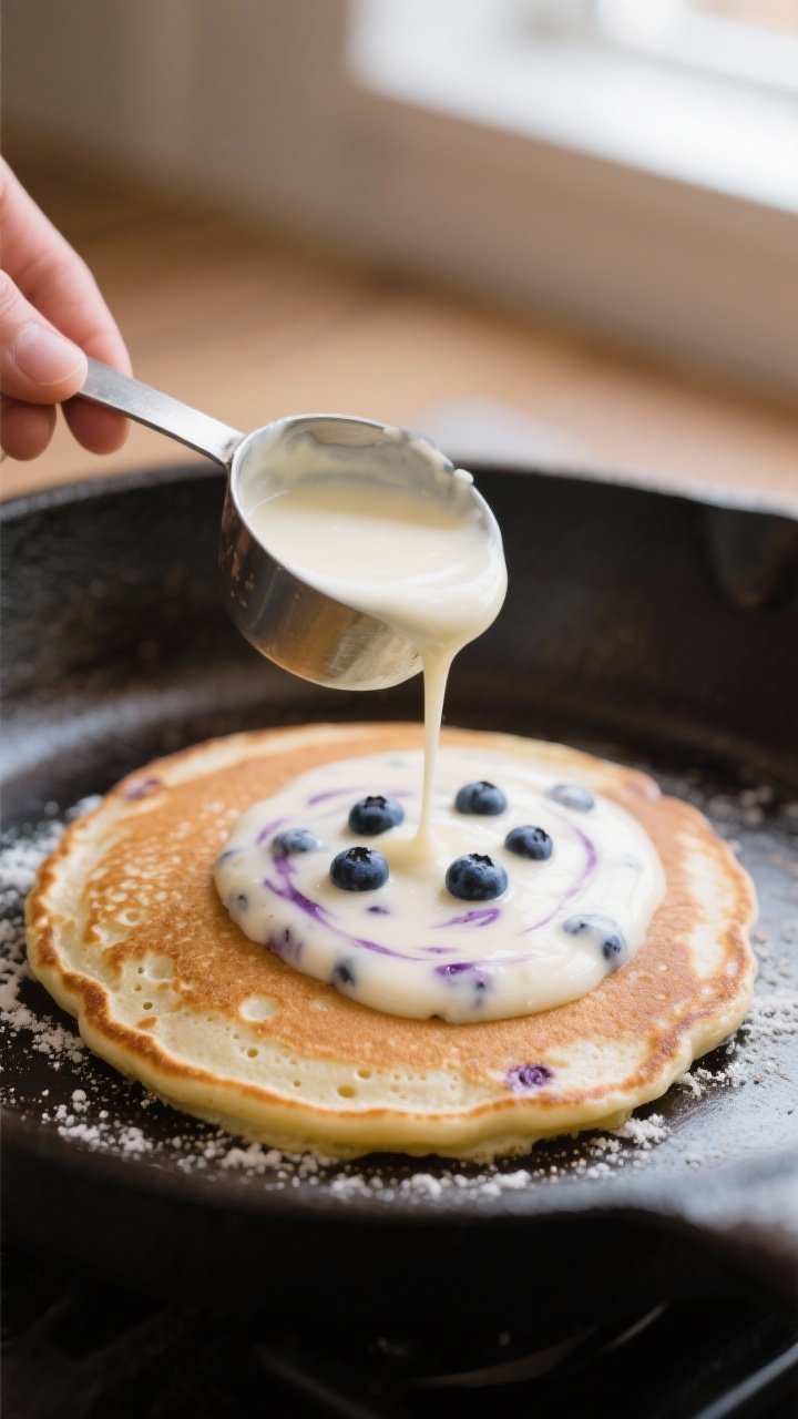 Cooking process: A 1/4-cup scoop of blueberry buttermilk pancake batter just poured onto a lightly b