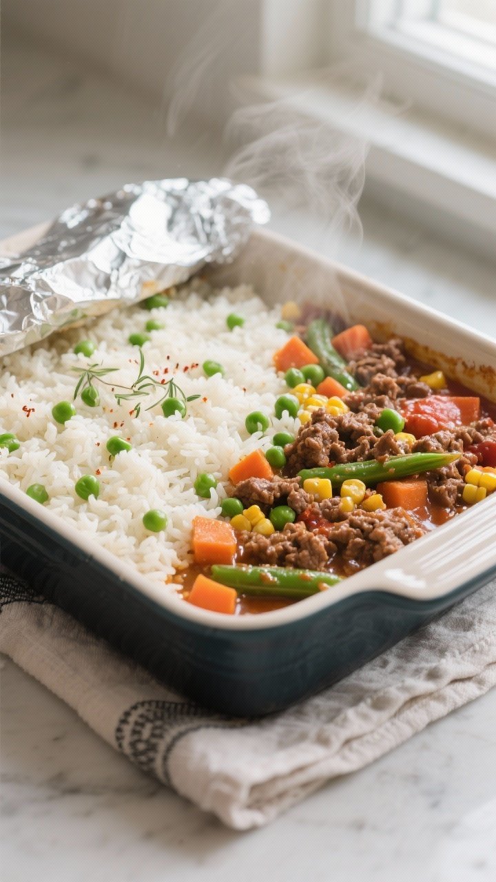 Cooking process: A 9x13 casserole dish just out of the oven after the covered bake, foil peeled back