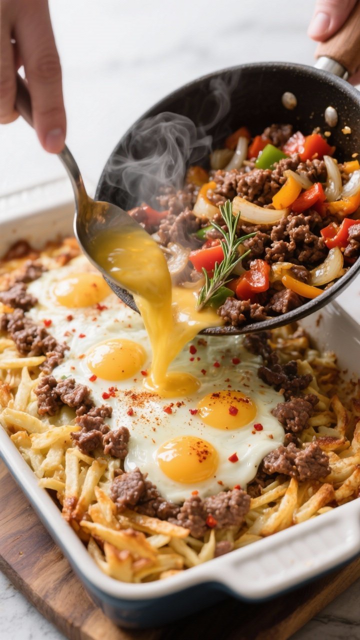 Cooking process action: Ground beef and onions with diced bell peppers sautéed to a deep brown in a