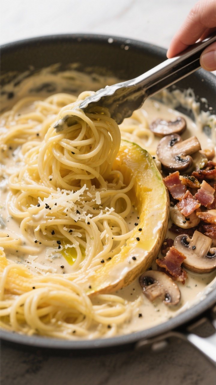 Cooking process action: Overhead shot of spaghetti squash “noodles” being tossed directly in the