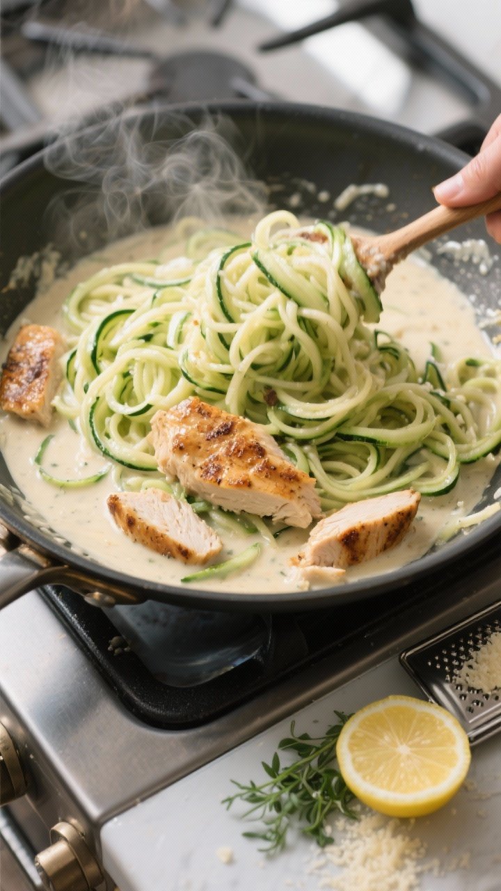 Cooking process action: Overhead shot of zucchini noodles being tossed just 1–2 minutes in a large