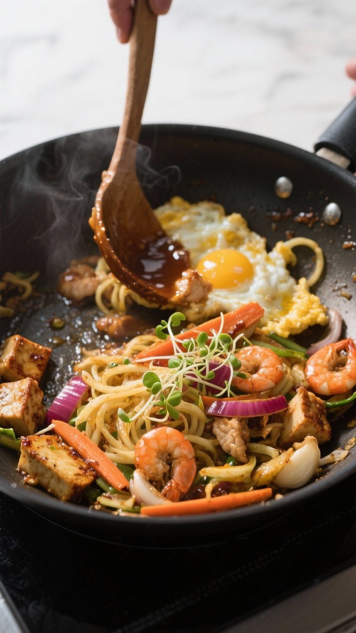 Cooking process action: Stir-frying stage in a large skillet—returning protein and soft-scrambled 