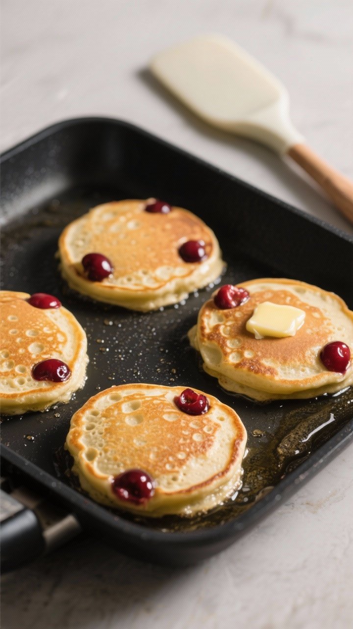 Cooking process: Cherry vanilla protein pancakes on a nonstick griddle mid-cook, 1/4-cup rounds show
