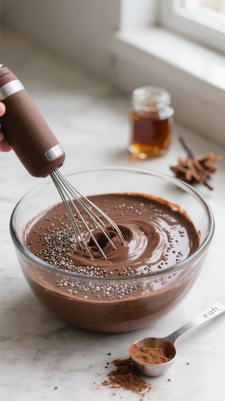 Cooking process — Chocolate Protein Chia Pudding being whisked smooth: close-up of a glass mixing 